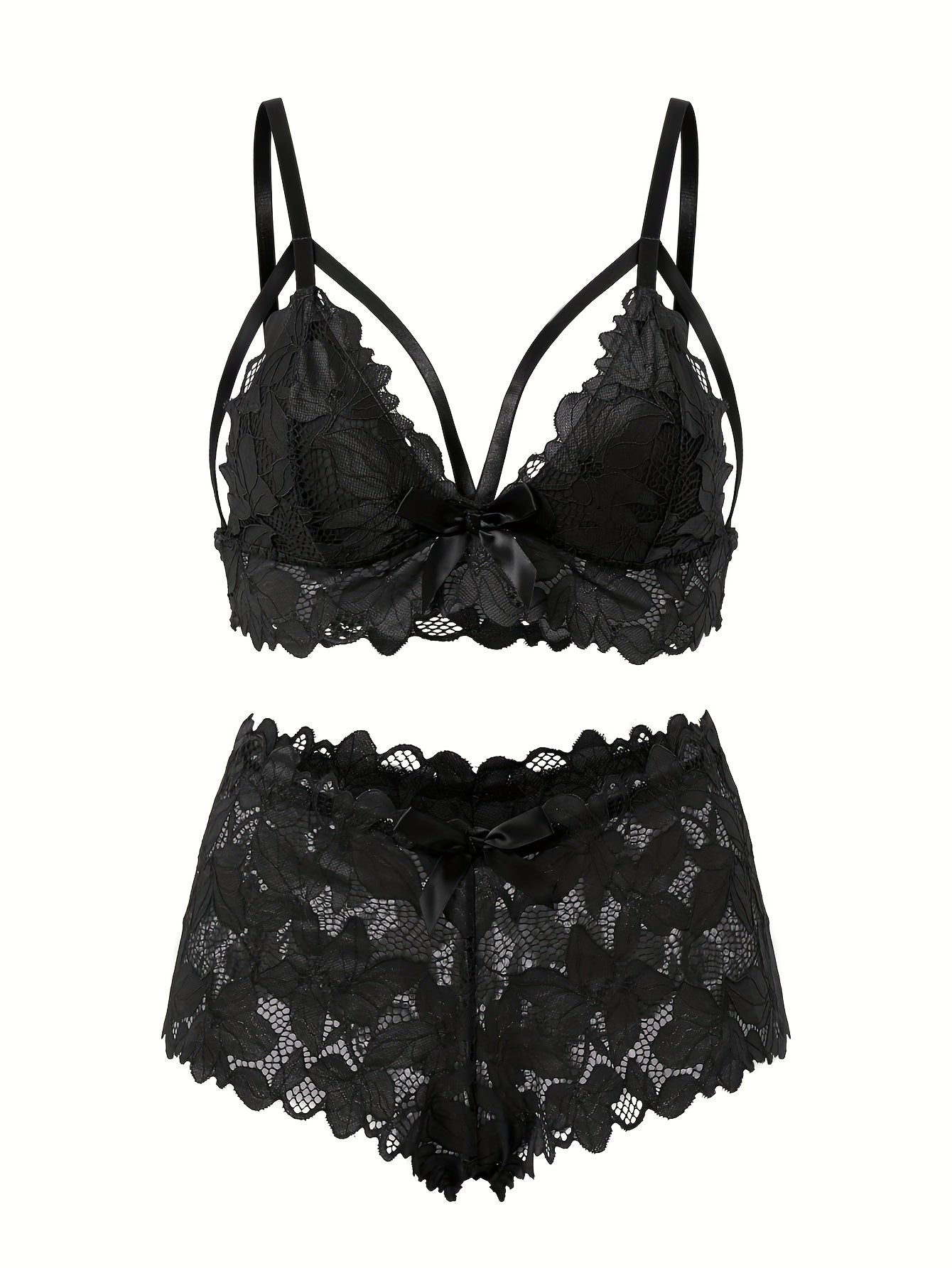 6-piece set of plus size sexy lingerie, featuring floral lace and scalloped trim with bow front. Includes strappy bra and panty.