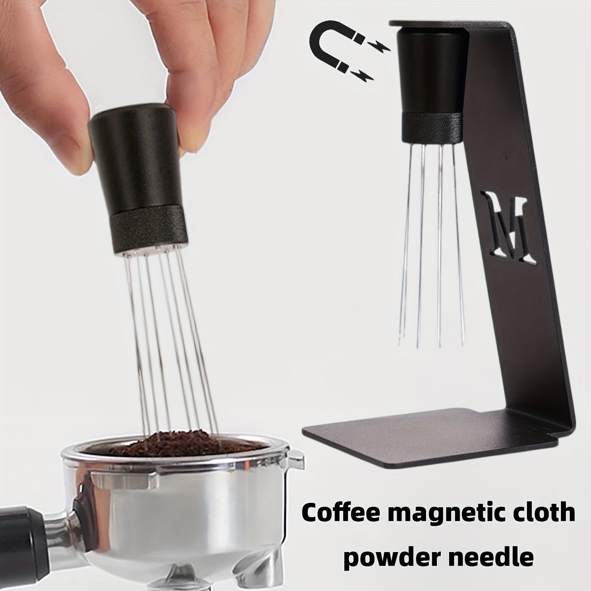 This espresso distribution tool comes with a metal stand and is made of stainless steel with a 0.4mm 8-pin coffee stirring needle. It has an adjustable range and is constructed from aluminum iron. It is safe for food contact, requires no electricity, and