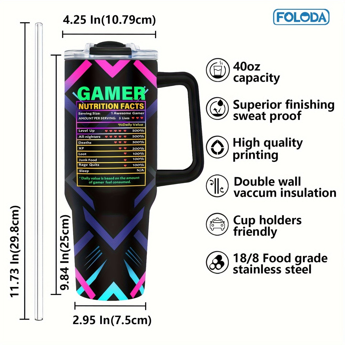 Foloda 40oz Gaming Mug Tumbler with Handle Lid Straw, Perfect Gift for Gamers, Stainless Steel Cup for Outdoor Travel - Ideal for Birthdays and Christmas.