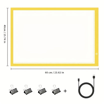 LED light pad for diamond painting with 3 brightness levels, USB cable, and 4 fasten clips. Great for sketching, animation, drawing, and diamond painting supplies.