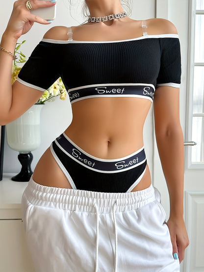 Two-piece lingerie set featuring seamless letter rim bra with matching panties and soft one-shoulder bra with elastic panties for women.