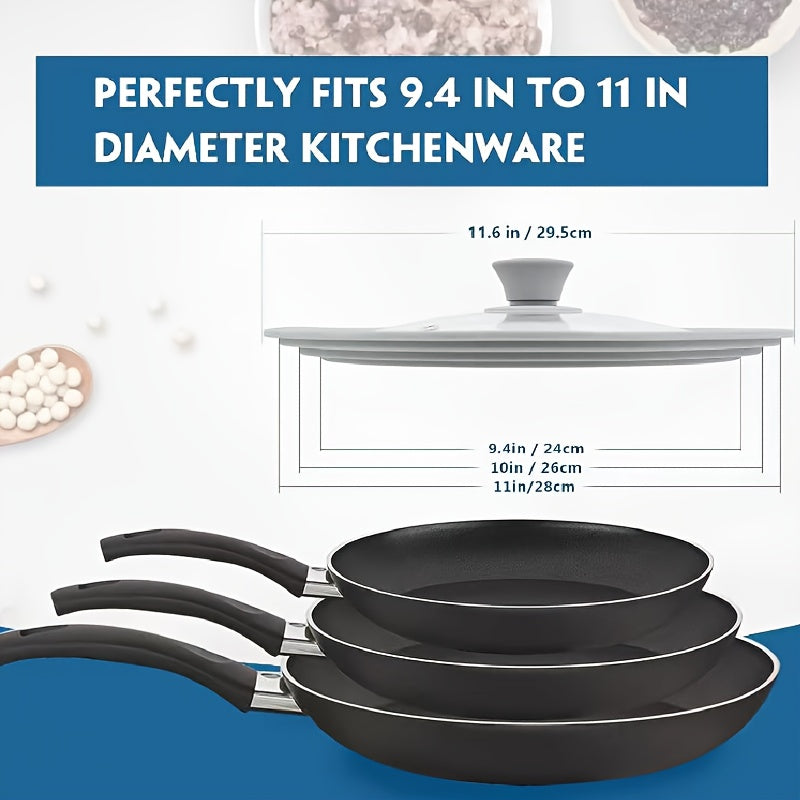 Universal pot cover designed to fit flat pans and frying pans, made of tempered glass with a silicone edge. Compatible with kitchen utensils ranging from 20 to 28 cm/ 7.8in to 11.02in in diameter. Can also be used as a replacement cover and is dishwasher