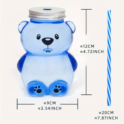 Cute bear cartoon straw cup made of durable plastic, ideal for kitchen and dining.