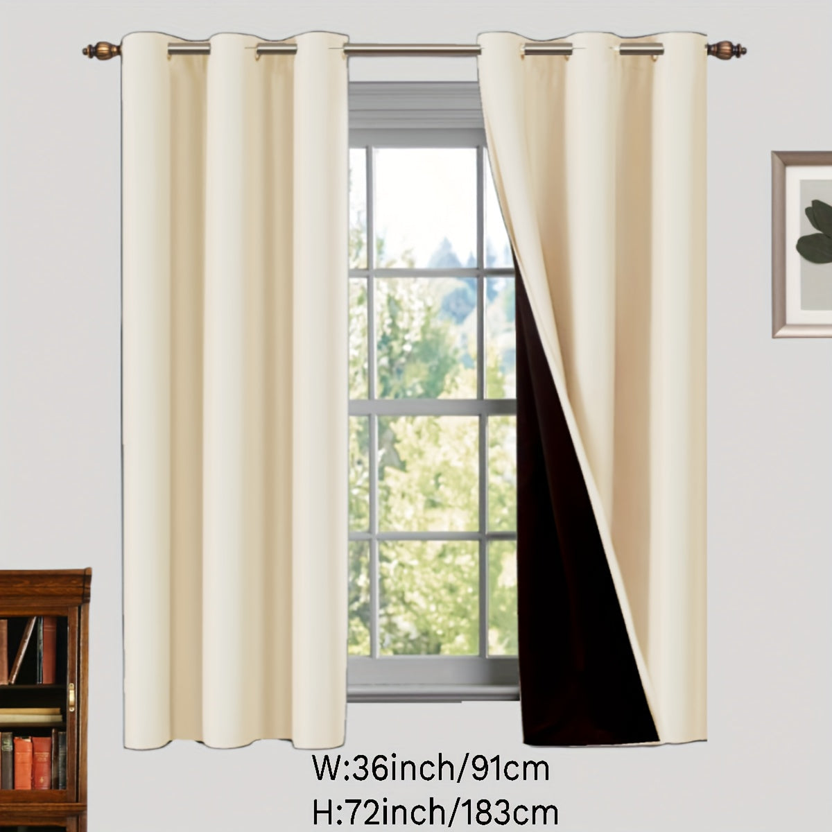 Two pieces of 100% blackout curtains made from polyester, coated and insulated with a grommet top design. Perfect for bedroom, living room, and home decor.