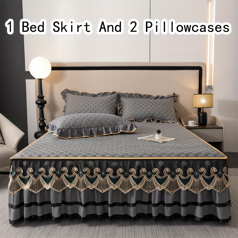 Vintage Style Black Bed Skirt and Pillowcases Set - 3 Piece with Embroidered Lace Trim, Thickened Quilted Bedding, Machine Washable, All-Season Comfort for Home and Hotel Use