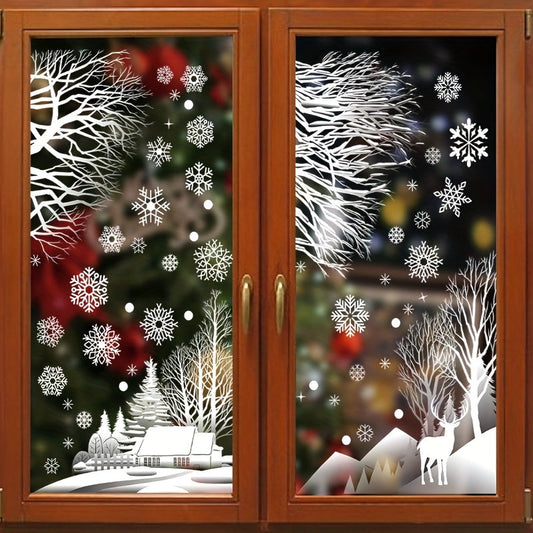 Transform your home into a cozy winter wonderland with 56 pieces of window decals featuring static cling snowflake, forest, and wooden cabin stickers. Perfect for Christmas, Hanukkah, Thanksgiving, and New Year decorations. Made of plastic, these