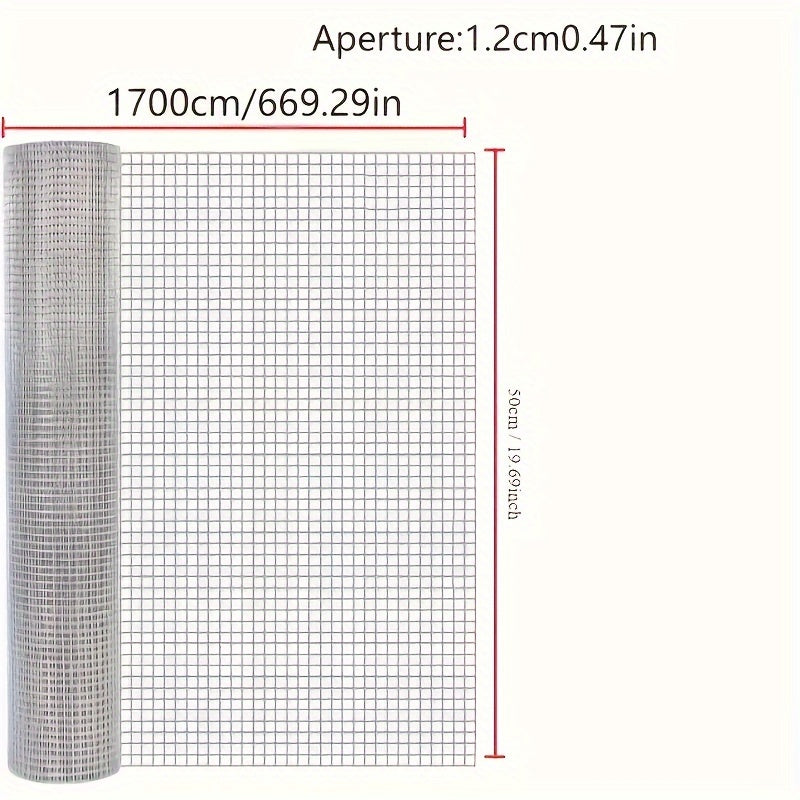 One roll of 1700cm/669.29in galvanized welded mesh, suitable for various applications like chicken coops, gardens, pet fences, and tree protection. Easy to cut.