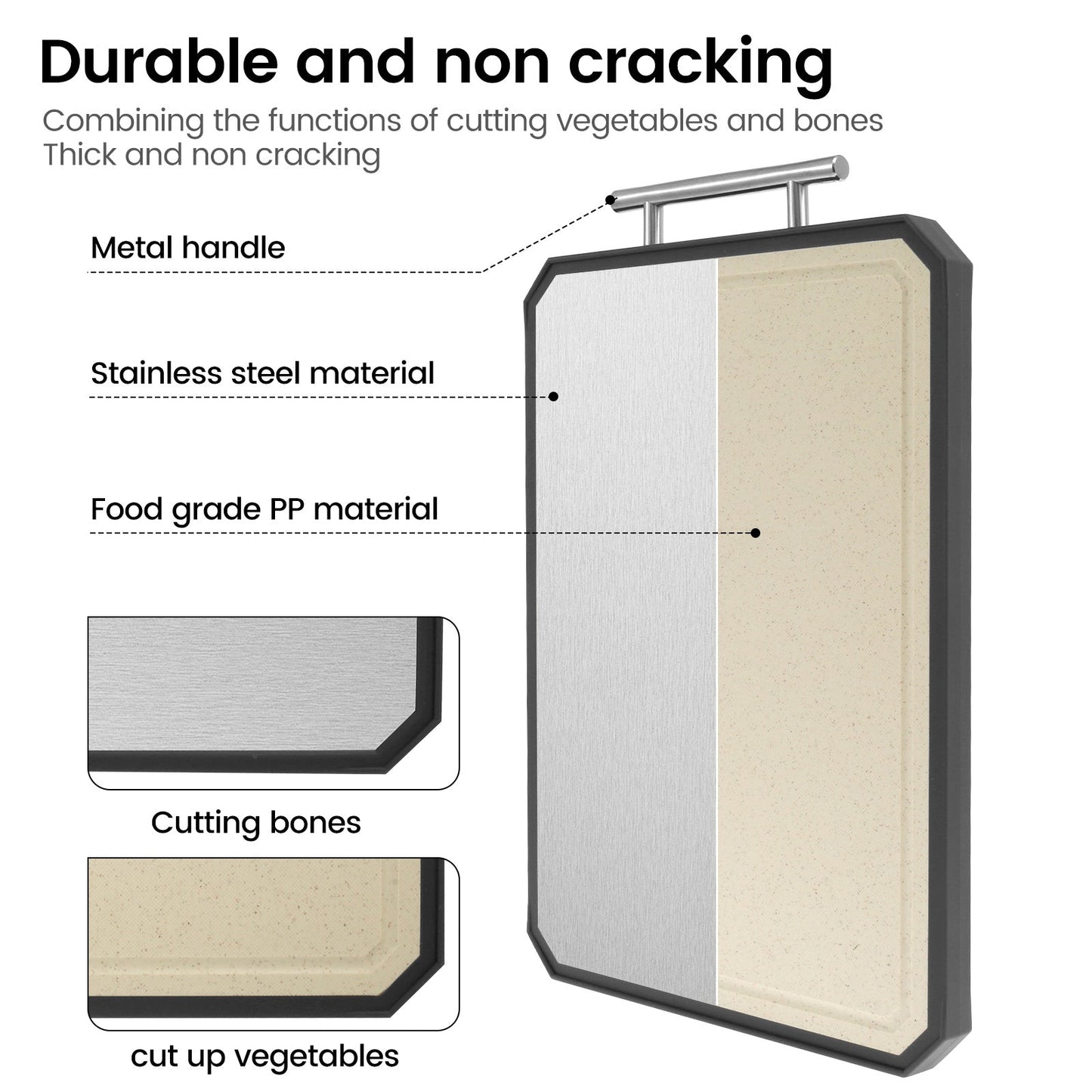 Essential in any kitchen, this durable 2-in-1 Cutting Board Set is made of high-quality stainless steel and PP materials. The dual-sided design allows for separate cutting surfaces for raw and cooked foods, ensuring safety and preventing