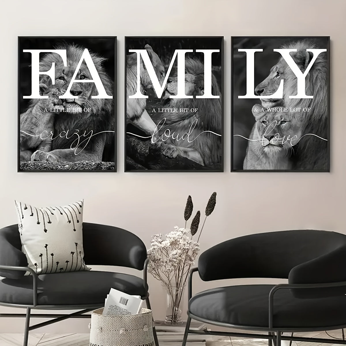 Unframed canvas poster featuring modern black and white lion family quote. Perfect gift for any room, ideal for winter decor and room decoration.