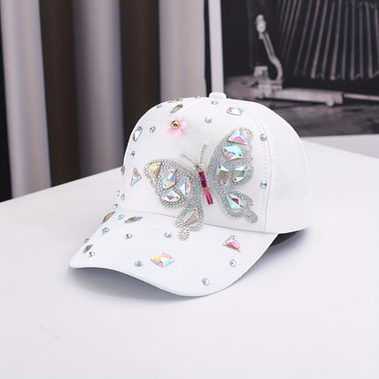 Lightweight cotton baseball cap with butterfly embellishments, rhinestone accents, adjustable fit, and woven craftsmanship. Fashionable sun protection hat for special occasions.