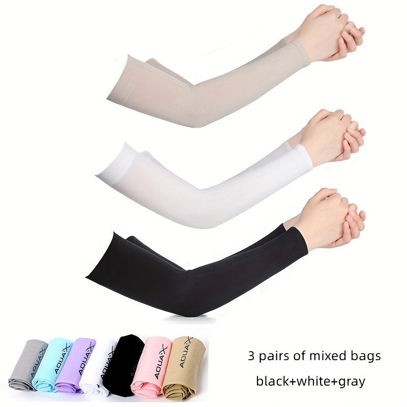 Protective arm sleeves made of high-elastic nylon ice fabric provide UV protection for various outdoor activities such as driving, fishing, running.