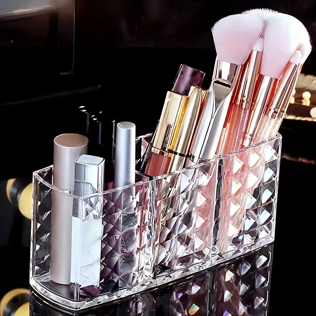 Clear plastic makeup brush holder with large capacity for organizing cosmetics on vanity or bathroom countertop. Lightweight, independent design with no electricity needed. Under 3.2 cubic feet storage and less than 68.58 cm tall. Stylish and clear