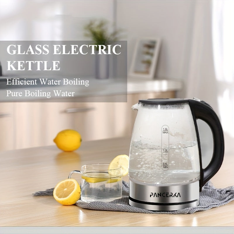 '-1 piece of -PANCERKA- Electric Kettle designed for making coffee and tea. It has a 1.8L capacity and operates at 1500W. Made from durable Borosilicate Glass with an easy-to-clean wide opening. Features include an auto shut-off function, cool touch