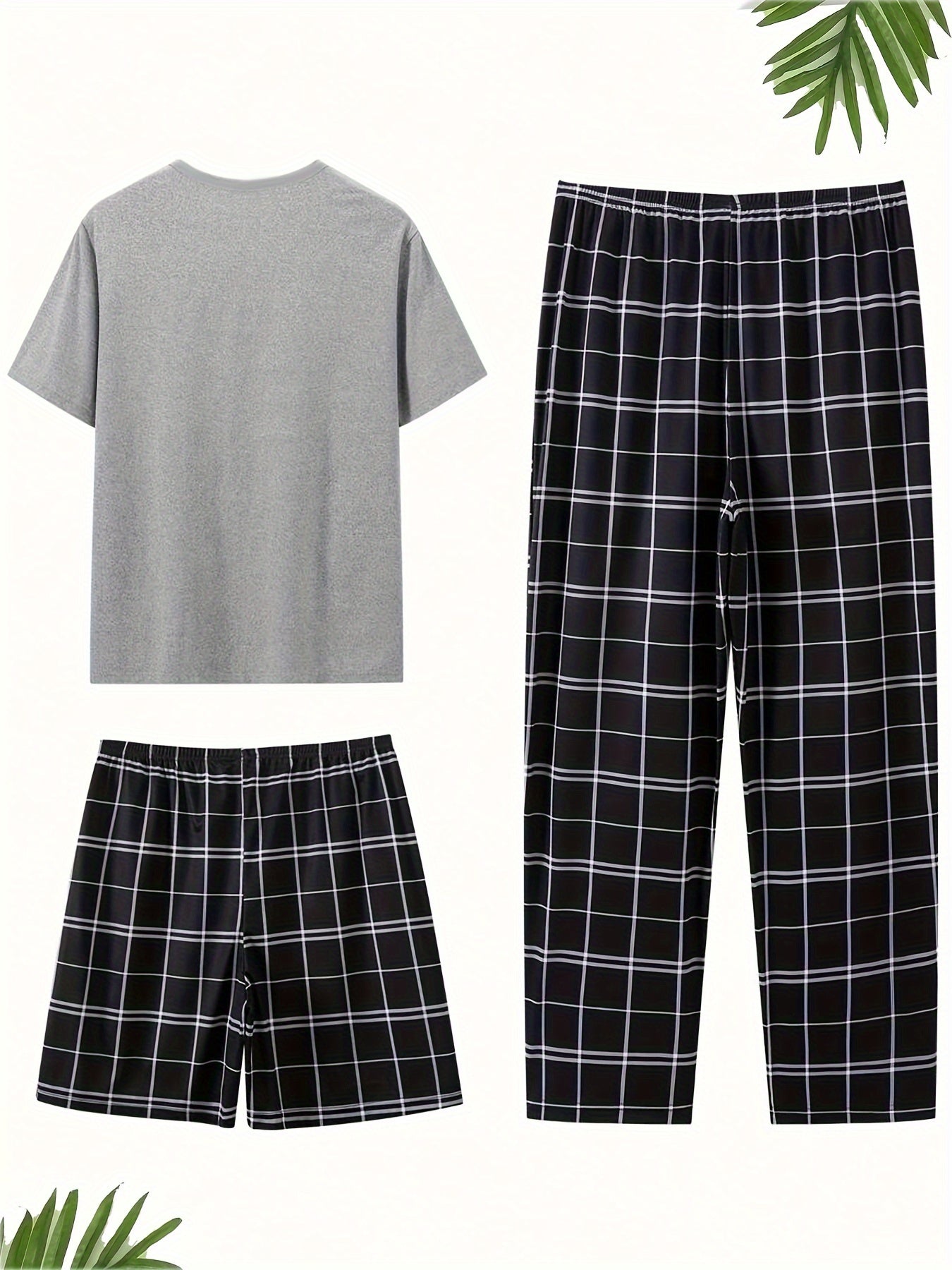 Men's 3-piece pajama set in black/white, featuring a short-sleeve tee with plaid pocket, elastic waist shorts, and pants. Made of soft polyester blend, machine washable.