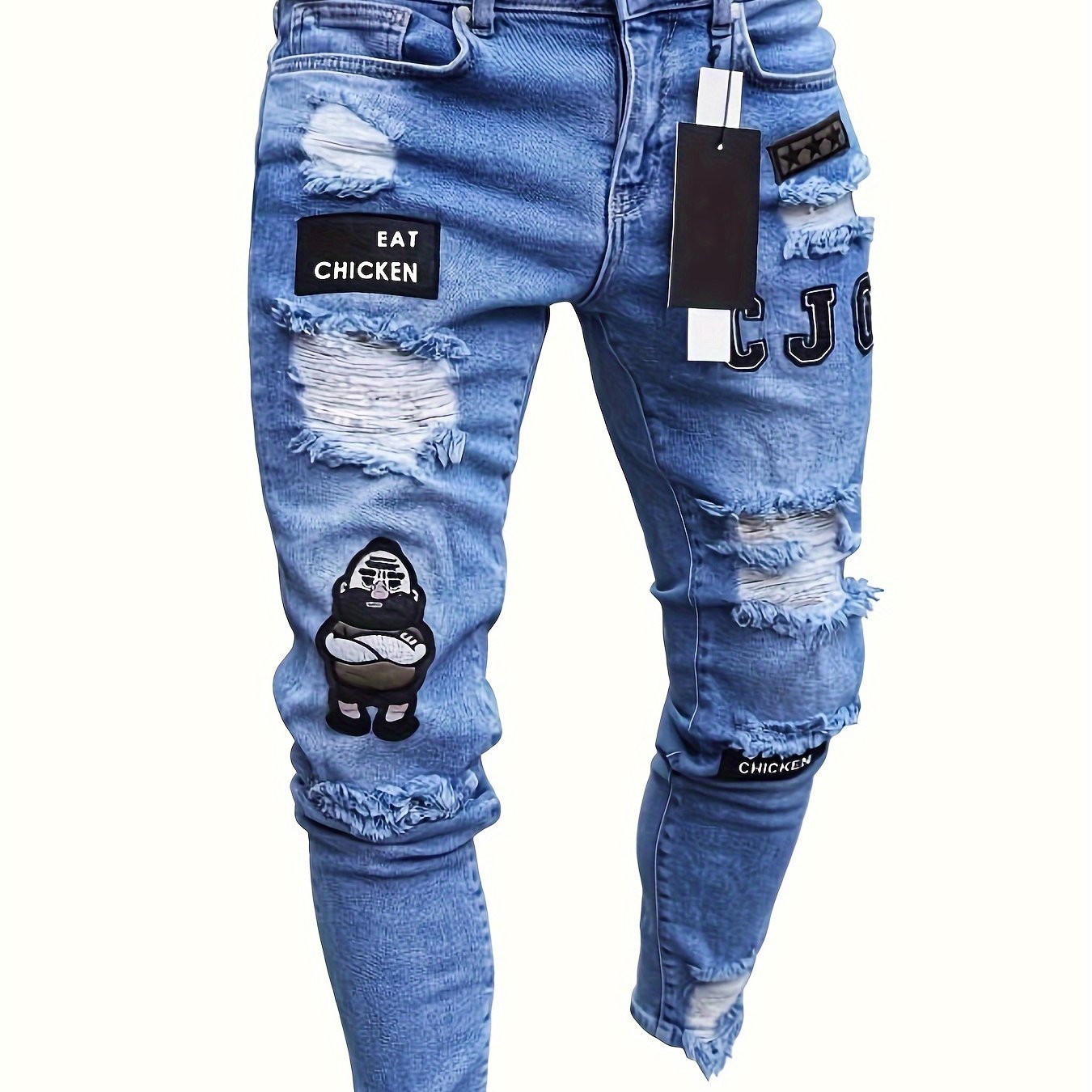 Men's slim fit stretch denim jeans with distressed details, ripped badge accents in grey color.