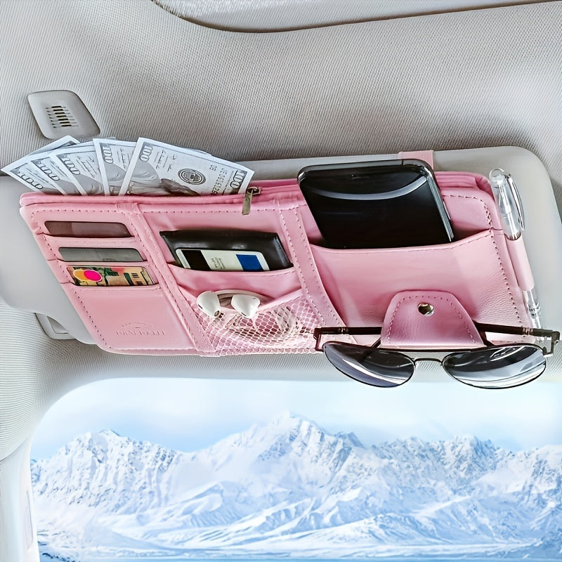 Car sun visor storage box with multiple functions: sunglasses organizer, card pouch, interior accessory.