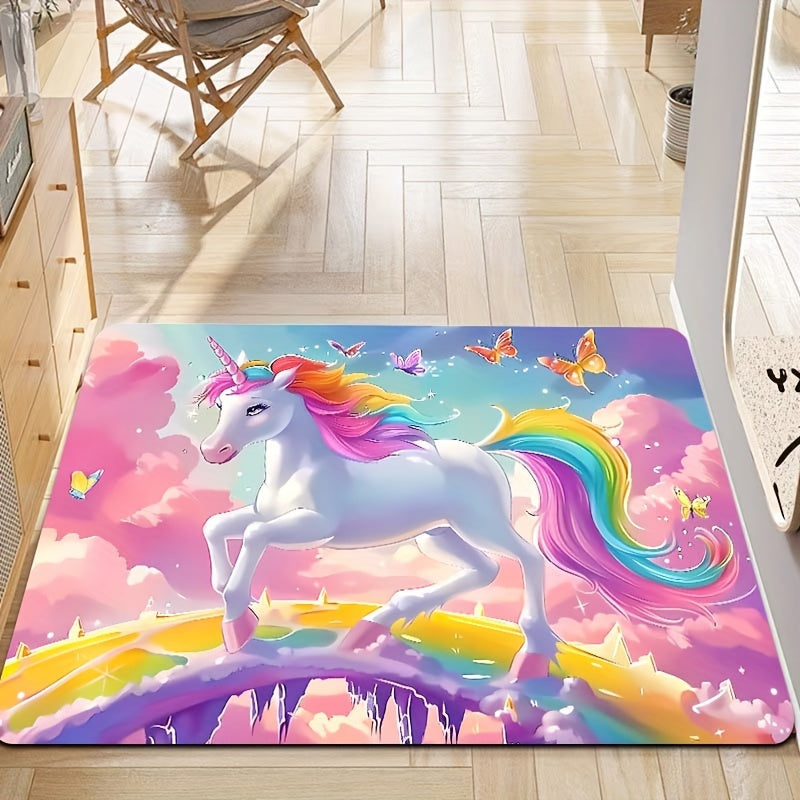 Add a touch of whimsy to your space with the Whimsy Woods Unicorn Area Mat. Made from durable 8mm thick polyester, this cartoon fantasy horse mat is perfect for the bedroom, living room, or entryway. It is machine washable and features a cute unicorn