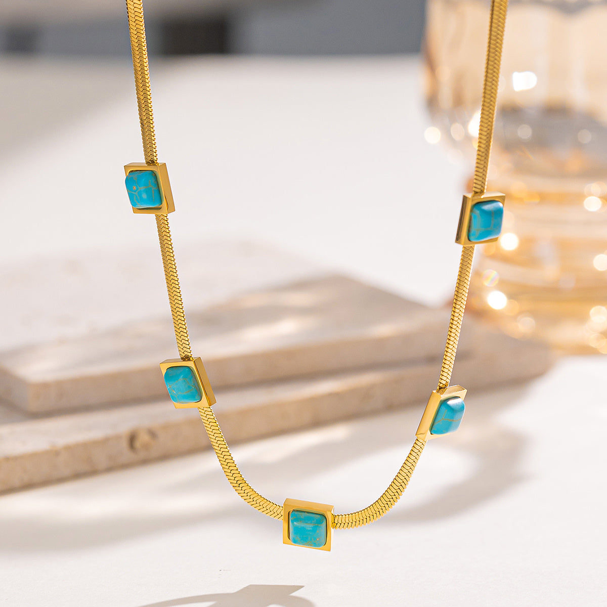 Stylish 18K Gold Plated Square Pendant Necklace with Synthetic Turquoise, Stainless Steel - Ideal Gift for Loved Ones - Versatile Piece for Daily Wear, Street Style, Parties, and Ramadan Celebrations - Suitable for All Seasons