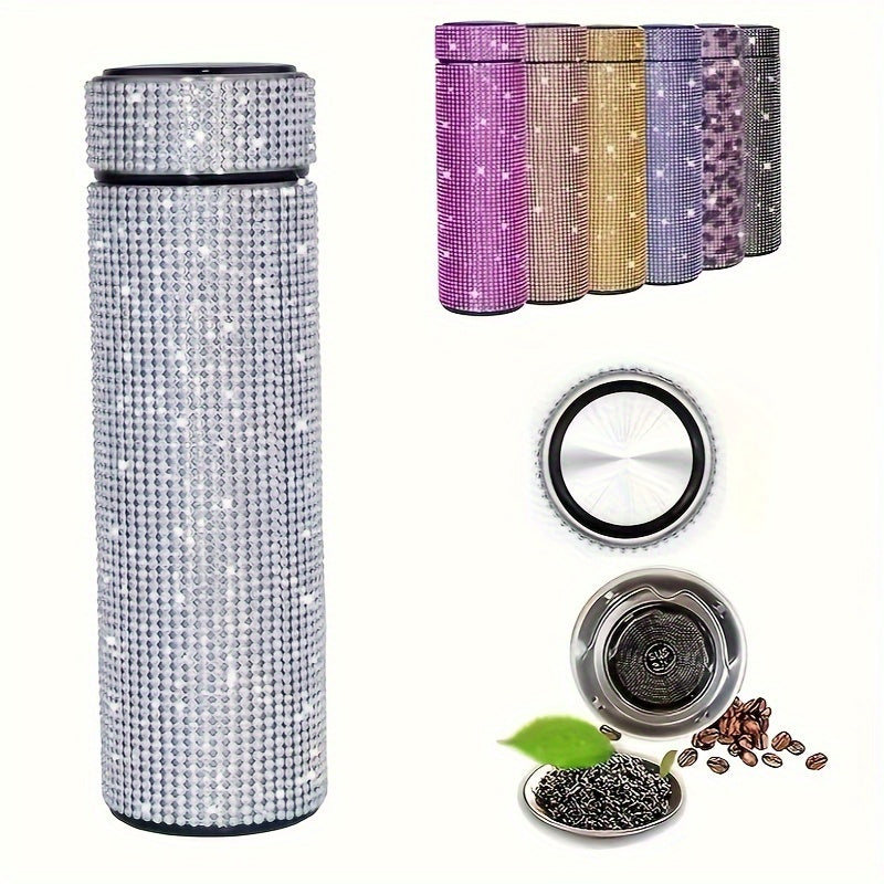 1pc Sparkling Studded Vacuum Flask, 16oz Stainless Steel Insulated Water Bottle for Hot and Cold Beverages, Travel Thermal Cup, Summer and Winter Drinkware Gift.