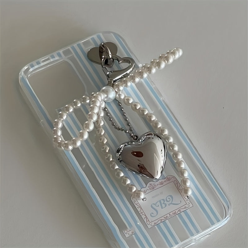 Large heart-shaped metal pendant with pearl bow - ideal for Valentine's Day. Versatile accessory for mobile phone cases, cameras, bags, and keychains. Perfect gift for women and girls.