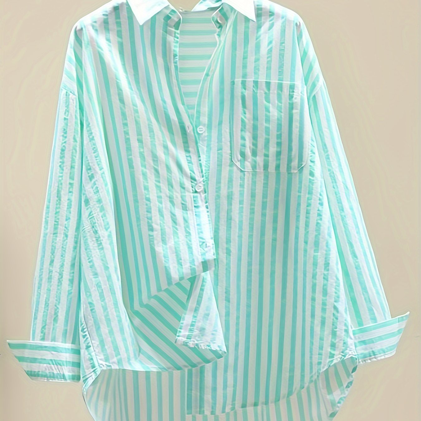 Women's Striped Button-Up Shirt: 100% Polyester, Long Sleeve, Lapel Collar, Casual Vacation Style, Sun Protection - Spring/Summer/Fall Collection