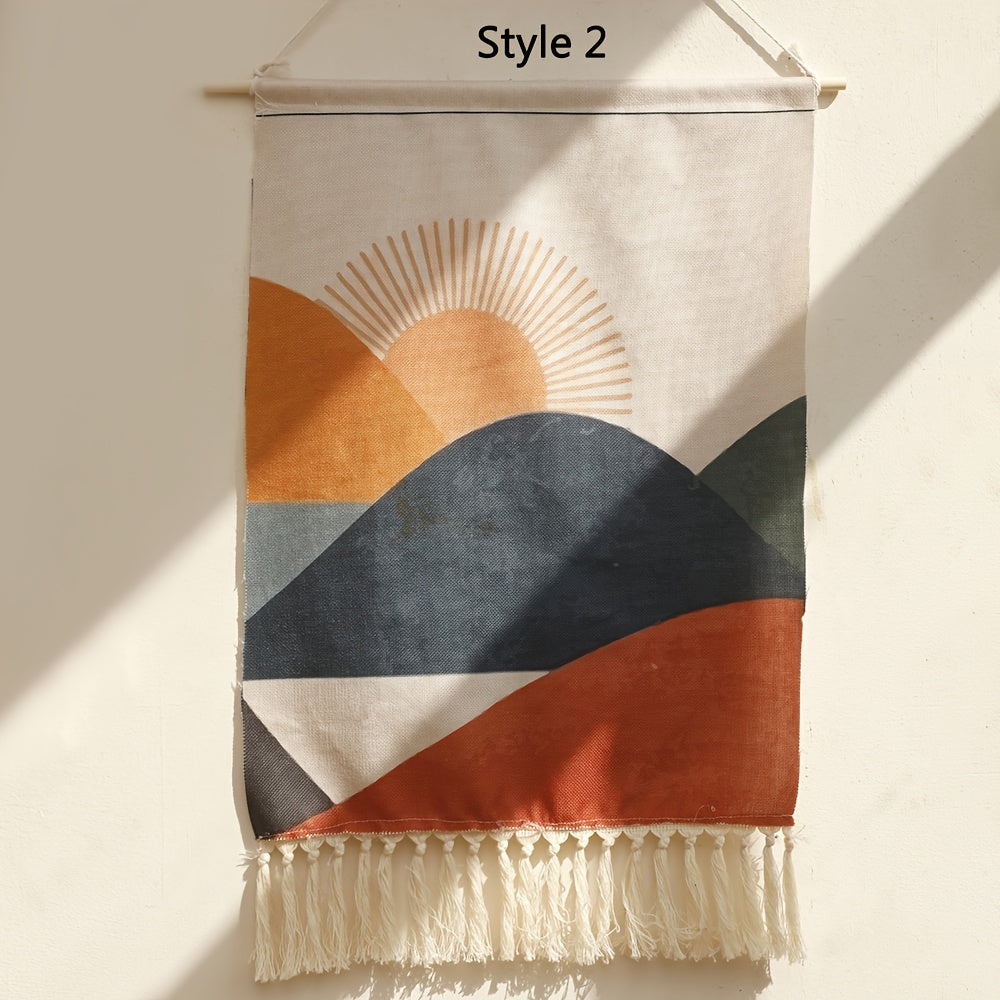 This linen wall tapestry features a fringe border and a bohemian sun and sailboat design, perfect for adding artistic flair to your living room or bedroom decor. Suitable for ages 14 and up.