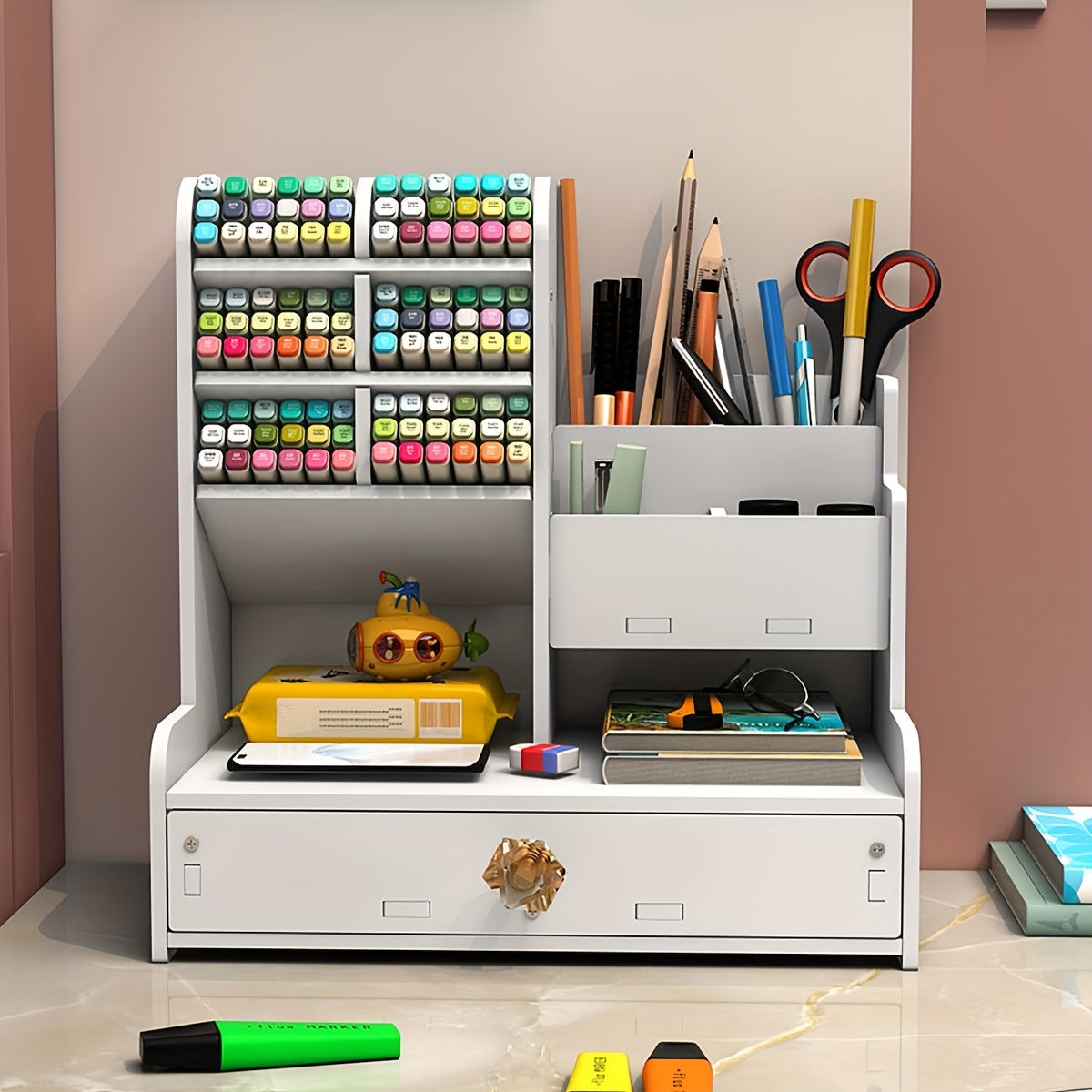 White Desktop Bookshelf with Slant Plug-in Pen Holder, Drawer and Marker Storage Box.