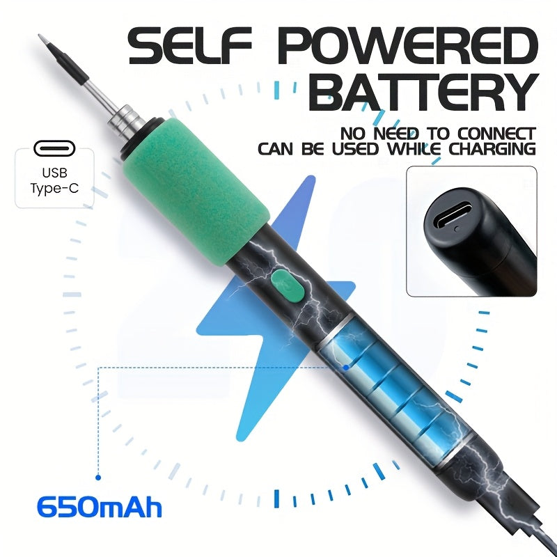 Adjustable temperature mini soldering iron kit with USB rechargeable battery. Includes 3 soldering tips, stand, sponge, and storage case. Ideal for various projects such as home appliance