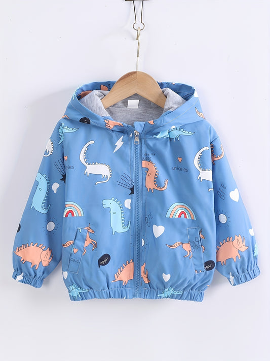 Boys hooded jacket with cartoon dinosaur and rainbow print, featuring long sleeves and zip-up closure, suitable for outdoor activities.