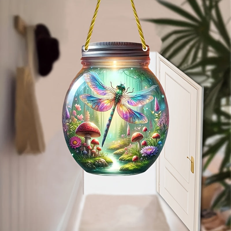 One whimsical WhimsyWoods acrylic suncatcher featuring a dragonfly and mushroom eco-bottle theme. Perfect for adding charm to your home or garden decor. Can also be used as a farmhouse Thanksgiving wreath hanging ornament. Makes a festive gift for both