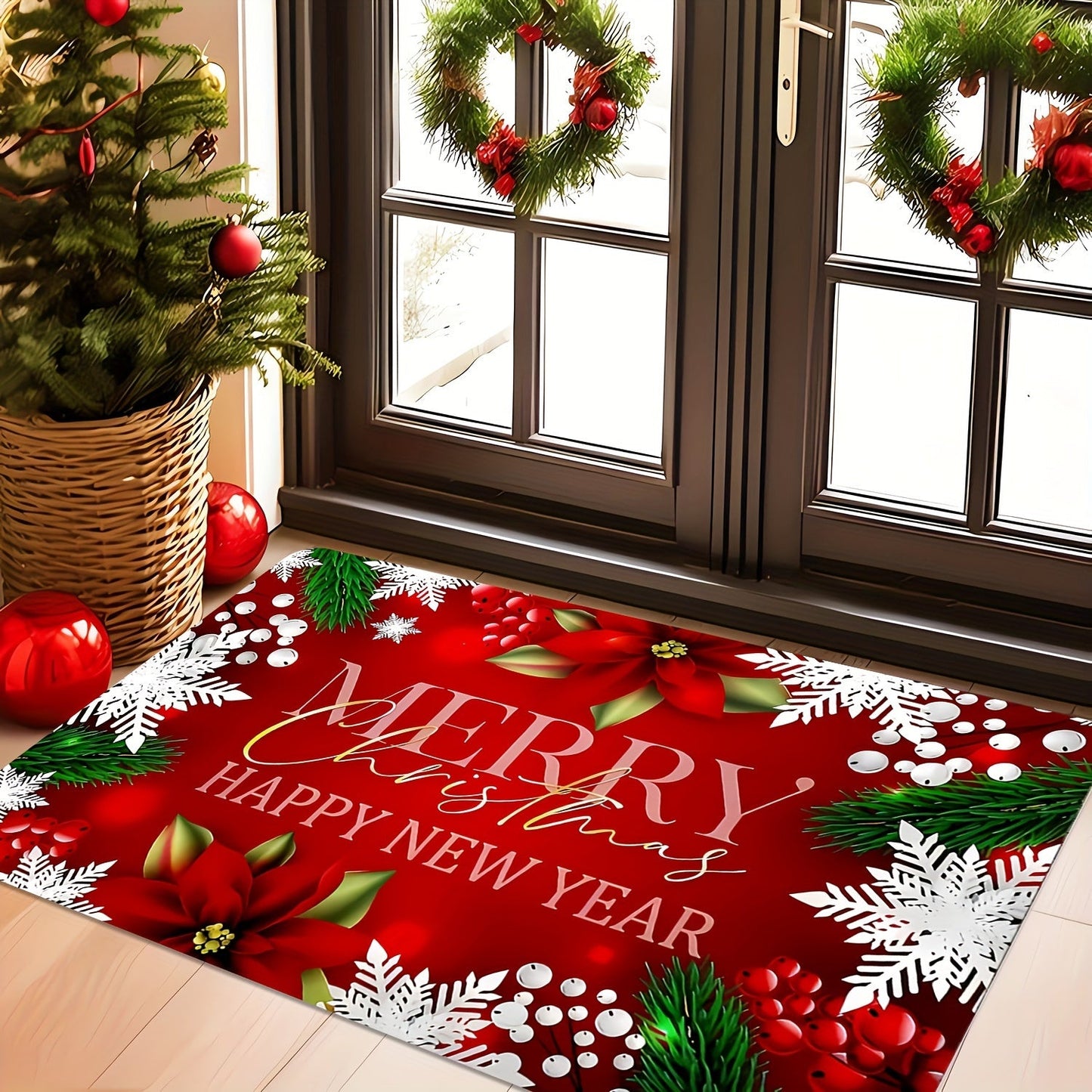 Christmas Red Door Mat - Large Non-Slip Entrance Rug - Indoor/Outdoor Camping Carpet - Absorbent Flannel Material - Machine Washable - 0.47-inch Thick - 600g/m² - Rectangular - Anti-Stain - Anti-Slip - Floral Pattern - Holiday Home Decor - Bedroom