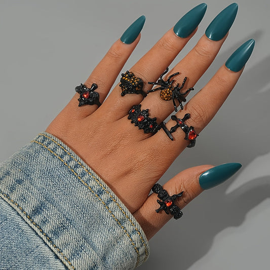 Set of 6 Gothic Black Rose Cross Adjustable Rings, Featuring Spider Cross Design with Sparkling Rhinestones, Stylish Alloy Rings for Women - Ideal for Everyday or Special Occasions