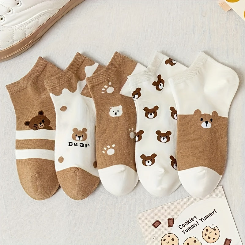 5 cute bear design ankle socks for women. Made of soft polyester and spandex blend, lightweight and cute for casual wear.