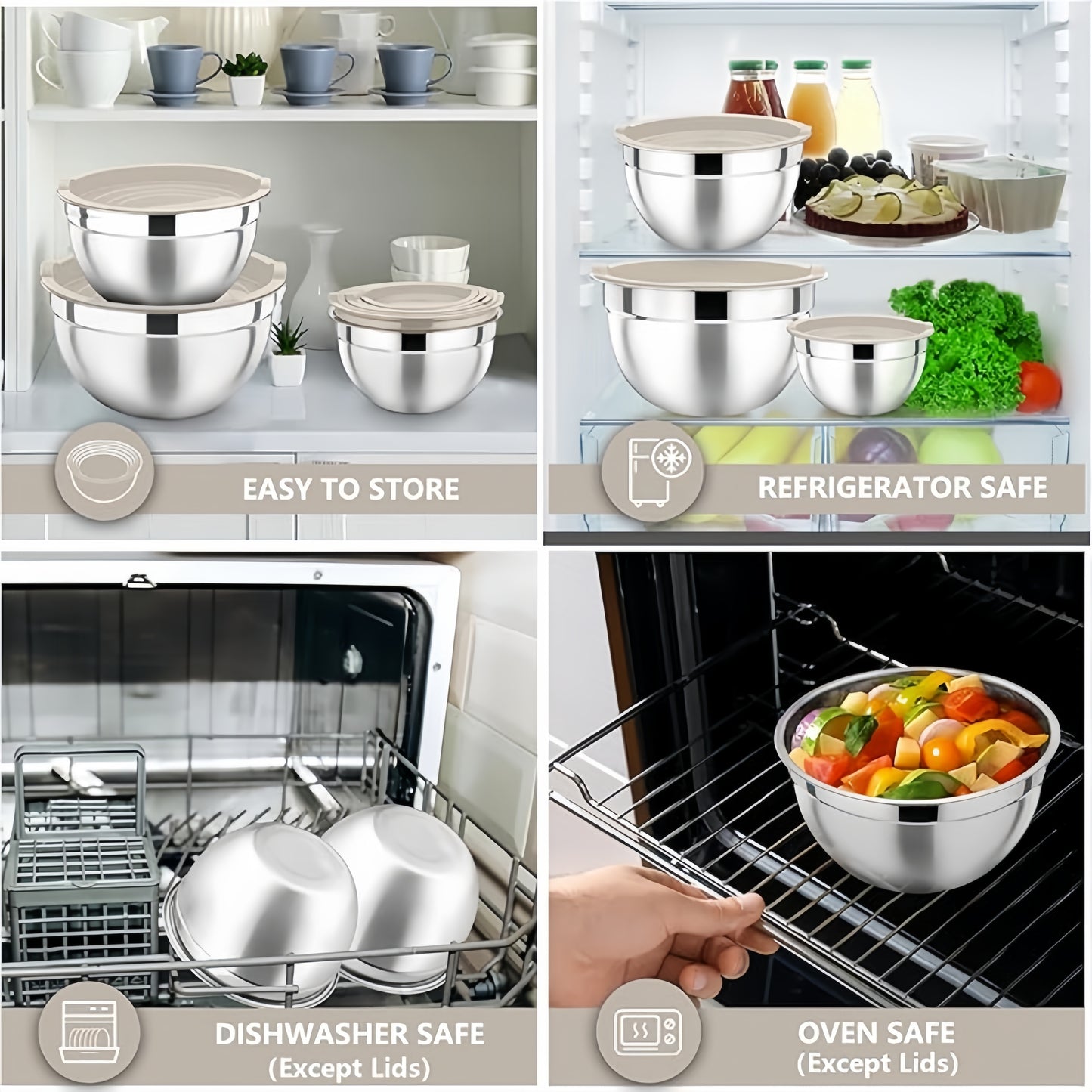 14-piece stainless steel mixing bowl set with sealed lids for food storage and meal prep. Ideal for salads, kitchen gadgets, and accessories.