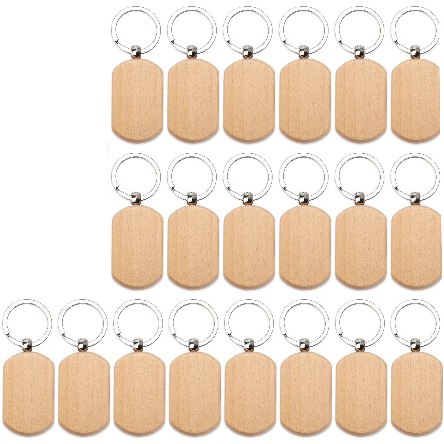 Twenty pieces of wooden key chain blanks, rectangular in shape, suitable for key chains. These wood blanks can be engraved and used for making jewelry and other craft projects.