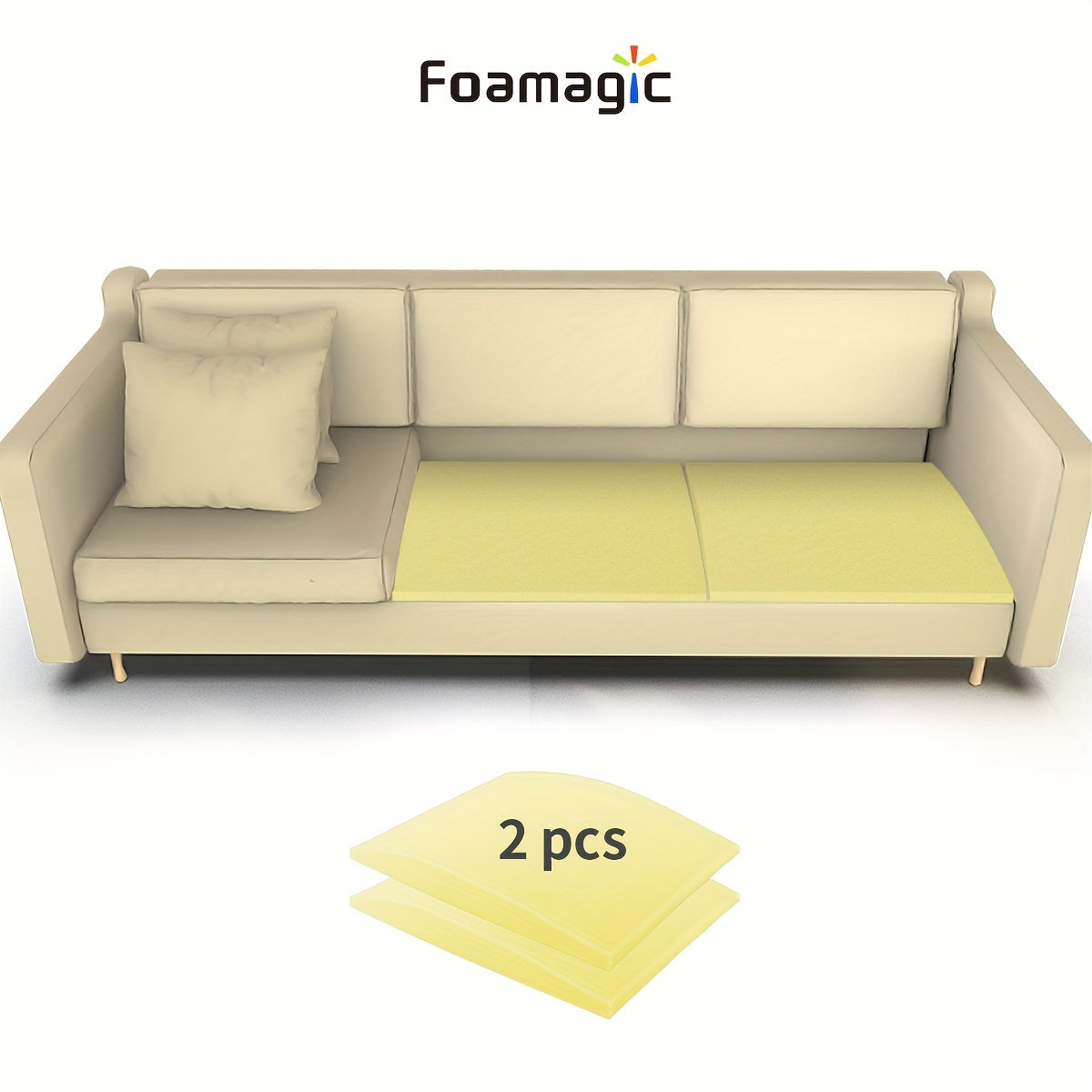 Foamagic Foam Cushion Set includes 3 pieces, each measuring 50.8cm X 50.8cm, designed to provide support for your couch, chair, or loveseat. These high-density cushions help repair sagging seats and enhance comfort. Perfect for curved furniture.