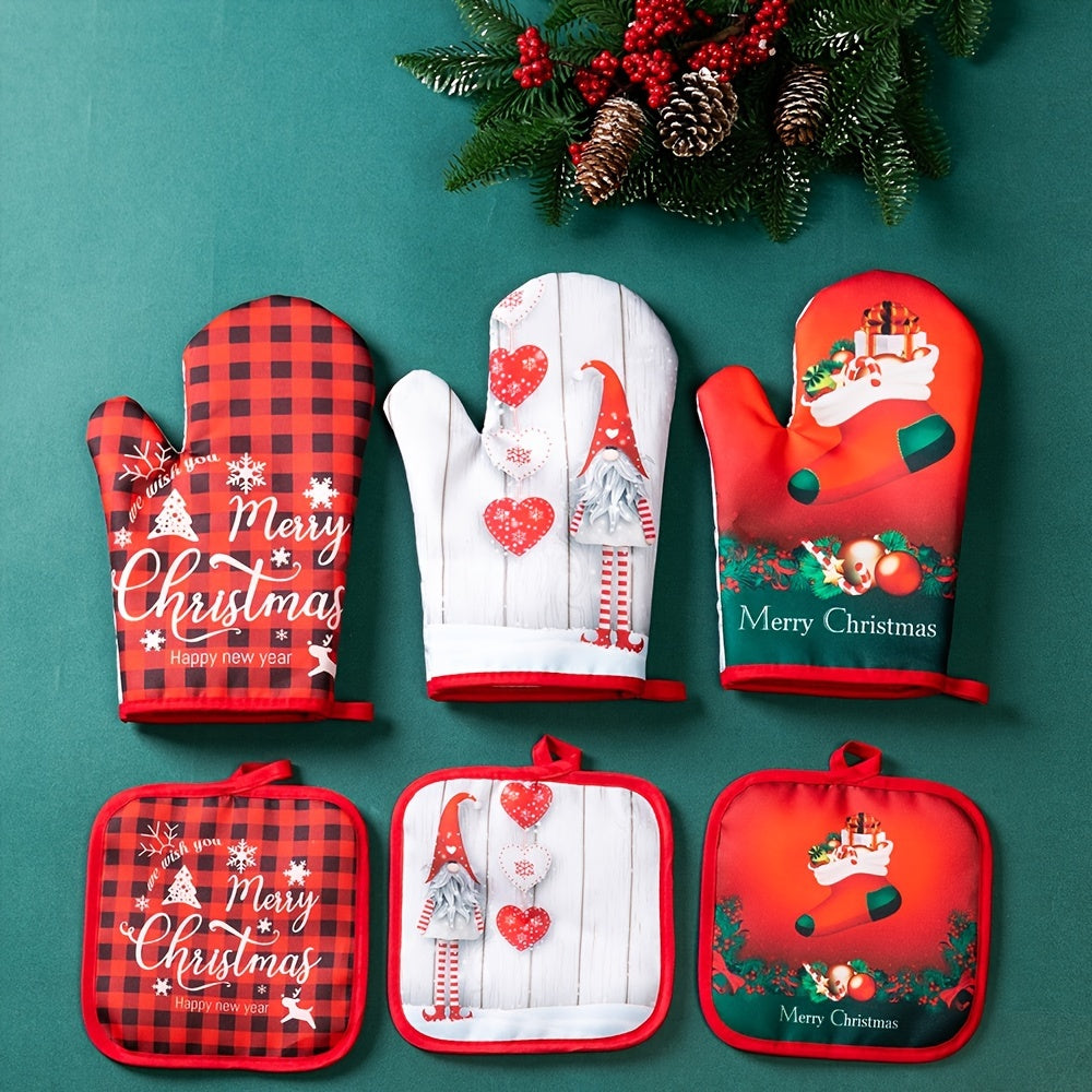 Set of 2 Christmas-themed kitchen oven mitts, made of thickened glass fiber gloves and heat-resistant pads. Perfect for festive cooking in the home kitchen, these accessories are non-food contact safe.