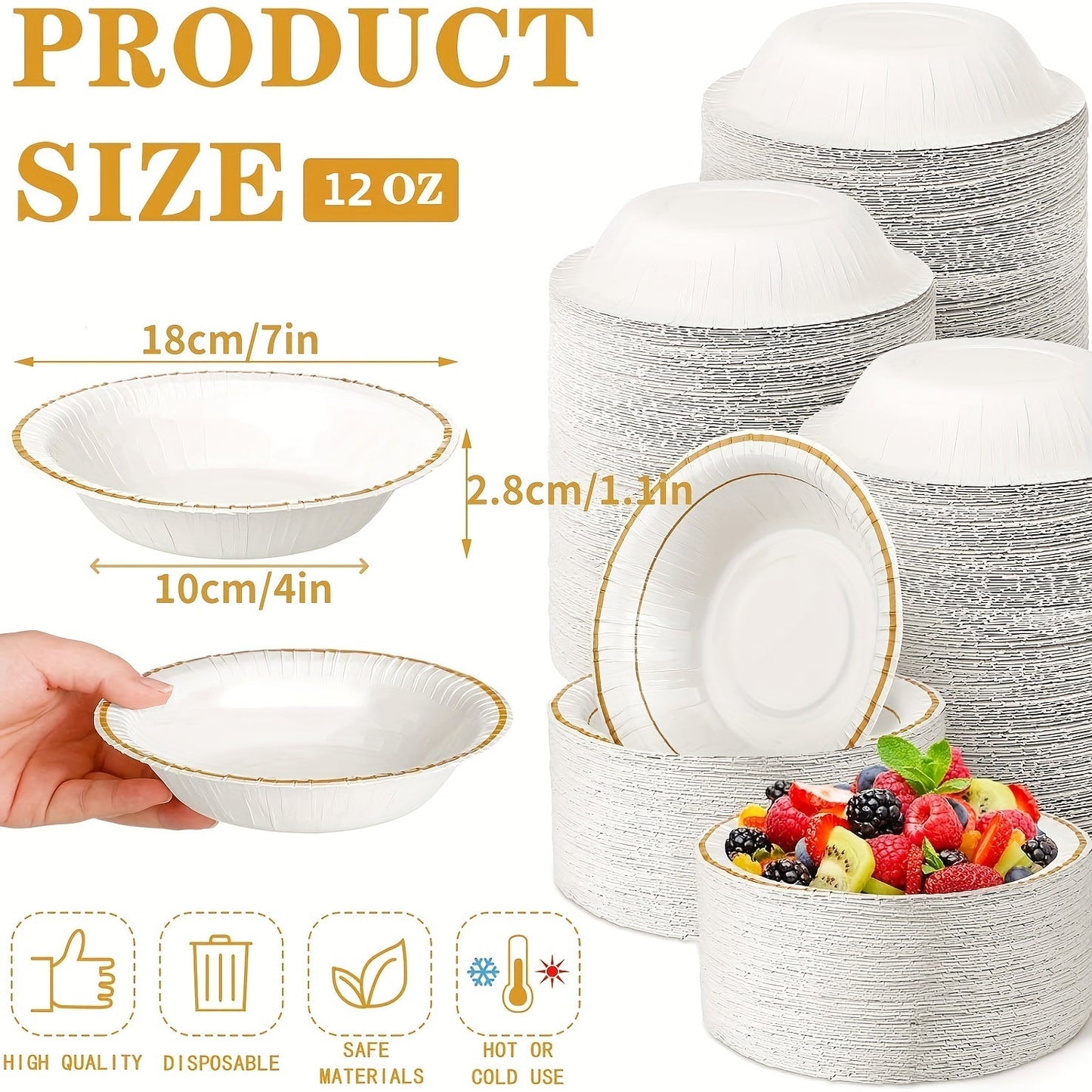 Bulk pack of 50/25 pieces of 12oz disposable paper bowls, suitable for serving snacks, salads, and other foods. Perfect for weddings, birthdays, showers, Christmas, Thanksgiving, and other celebrations. Ideal for serving hot or cold dishes.