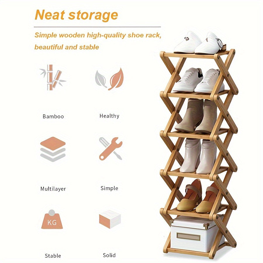 Bamboo Shoe Rack with Cross Design, Multi-layer Storage for Indoor Spaces such as Bedrooms, Dormitories, and Houses. Ideal for entryways to save space with its compact size.