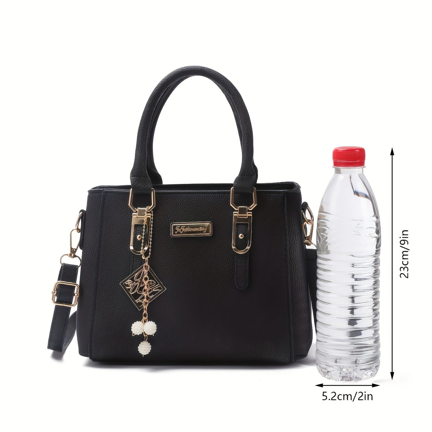 Pick from 7 colors. Stylish black handbag with lychee pattern tote. Spacious, multifunctional, adjustable shoulder strap, zipper closure. Ideal for daily commuting. Light luxury style, can