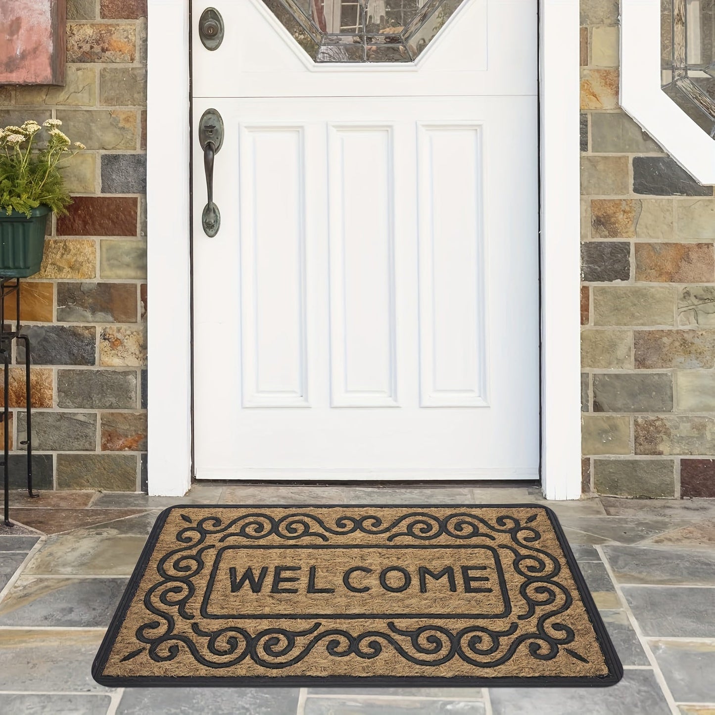 Welcome guests with the 1-piece Welcome Doormat featuring a non-slip PVC backing. This machine washable rectangle flannel textile entrance mat is perfect for both indoor and outdoor use. Use it as home décor or a washable area mat.