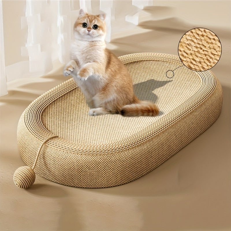 Durable jute rope cat scratcher bed with scratch-resistant material and playful ball feature for cats.