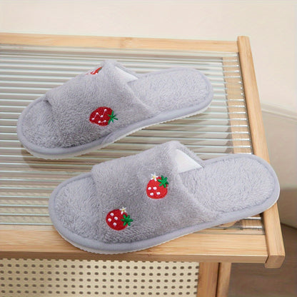 Strawberry embroidered open-toe slippers for women, with cozy comfort, lightweight design, non-slip sole, and machine washable.