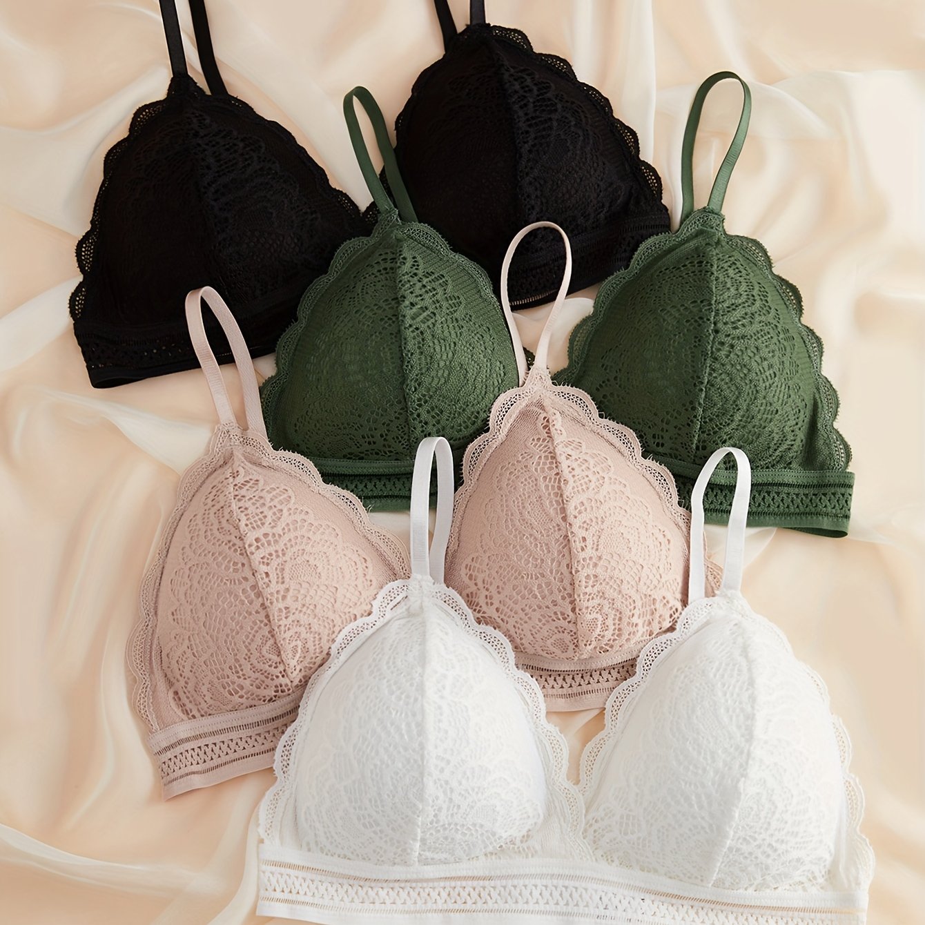 4 contrast lace wireless bras with comfy scallop trim, perfect for women's lingerie and underwear.