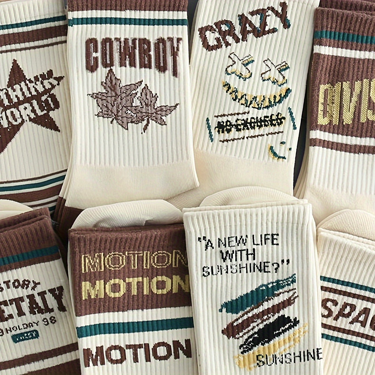 5-pack men's socks with vintage American style, comfortable and breathable. Made of a cotton blend with polyester and spandex. Hand wash only. Features a letter pattern, knit fabric, and