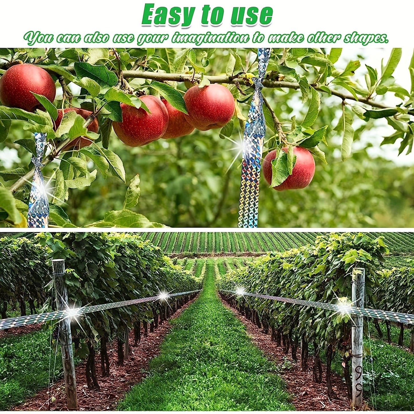 Pair of 50.0 meter reflective ribbons with bird repellent properties, ideal for orchards and gardens as a safe outdoor bird deterrent.