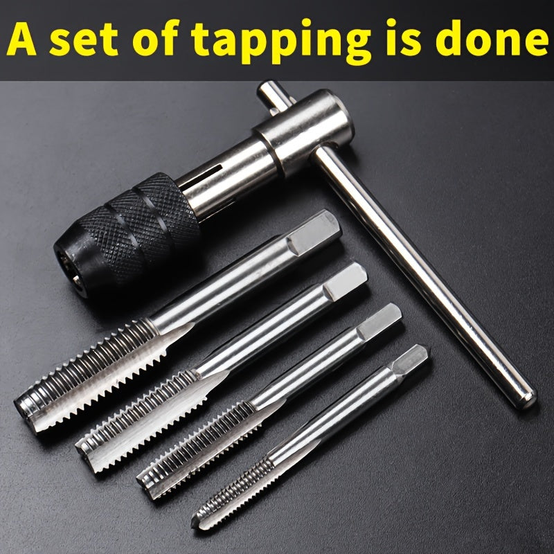 Single-item packaging 9-piece manual tapping set made of alloy steel, includes thread tap kit with t-handle wrench, suitable for M3-M12 size range. Ideal for threading metal, wood, and