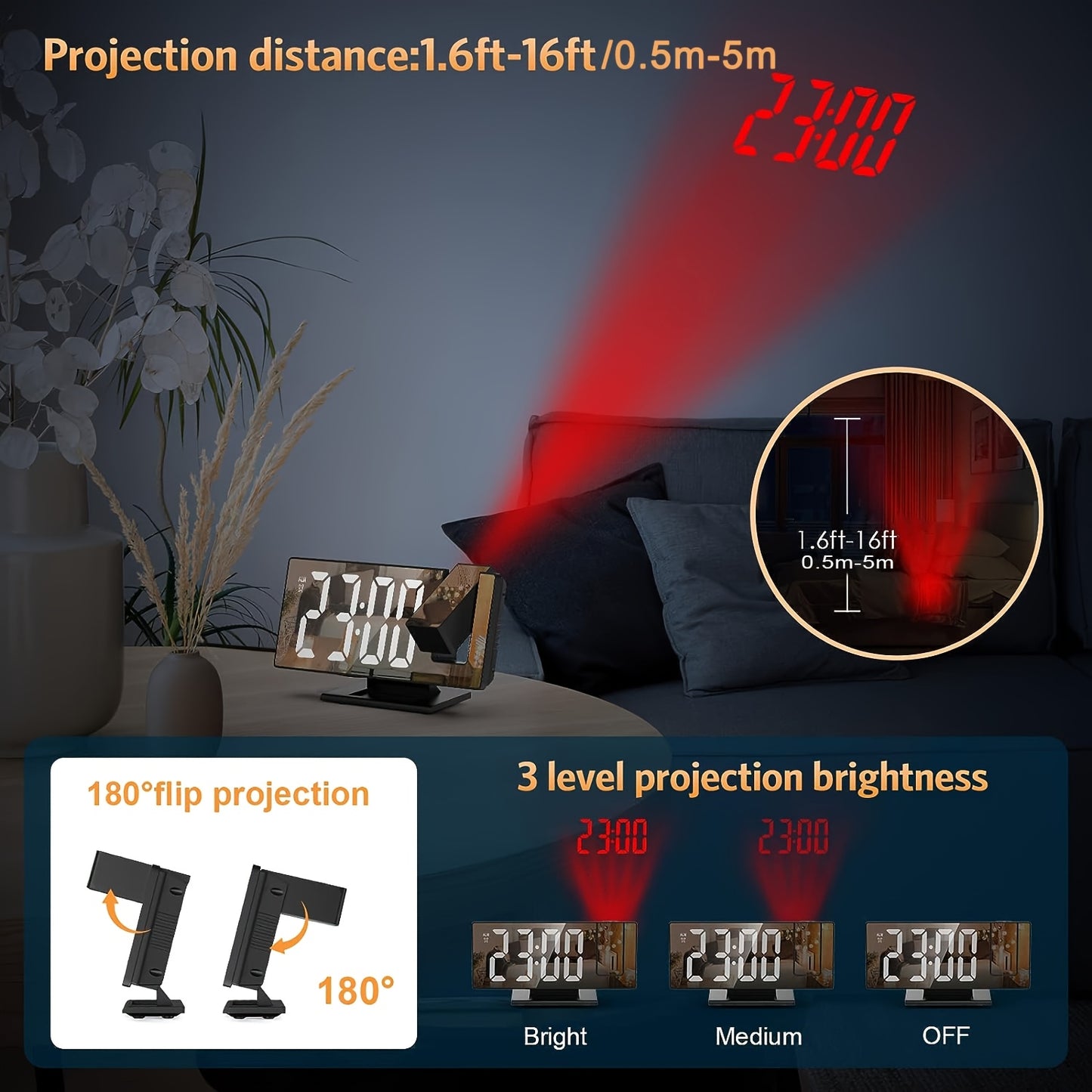 Adjustable LED projection alarm clock with snooze, temperature display, mirror design, USB powered. Suitable for bedroom, home office, or living room. Features black rectangular frame, high-definition display, night mode, memory function. Ideal for