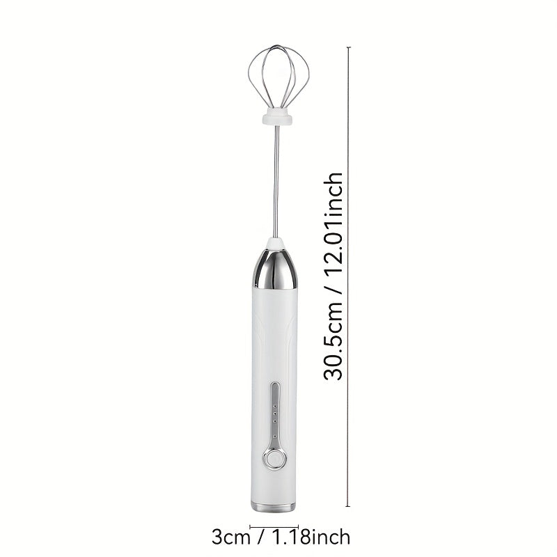 White Compact USB-Rechargeable Handheld Mixer and Milk Frother with Stainless Steel Whisk, Dual Interchangeable Heads for Egg Beating and Baking, 800mAh Lithium Battery, Perfect for Coffee and Cappuccino, Ideal for Household Baking Needs, Wireless Cream