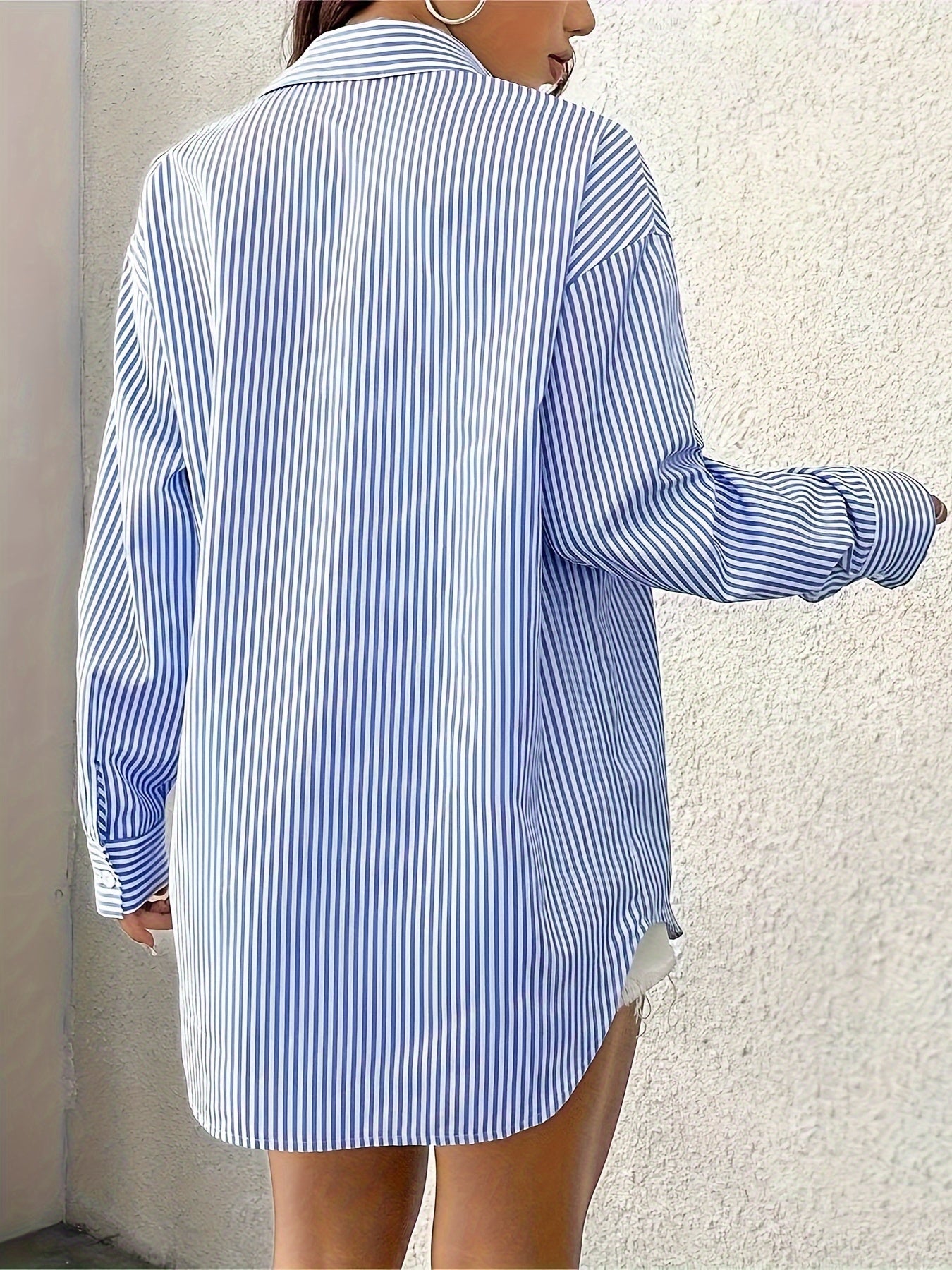 Elegant Women's Striped Polyester Blend Shirt with Woven Lapel Collar and Button Details, Ideal for Spring/Fall Season